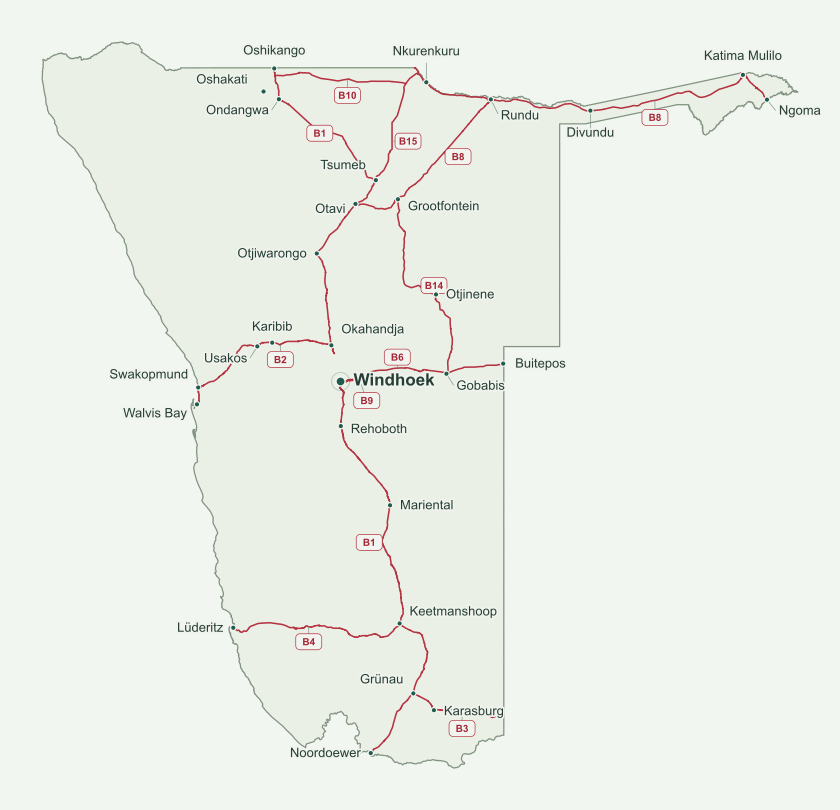 Geographical map of Namibia with B-roads in red and 28 principal towns marked, including Windhoek, the coastal towns and the Zambezi strip.